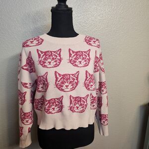 Women's Pink Cat Cozy Sweater XL Cropped Knit Cute Novelty Pullover EE761